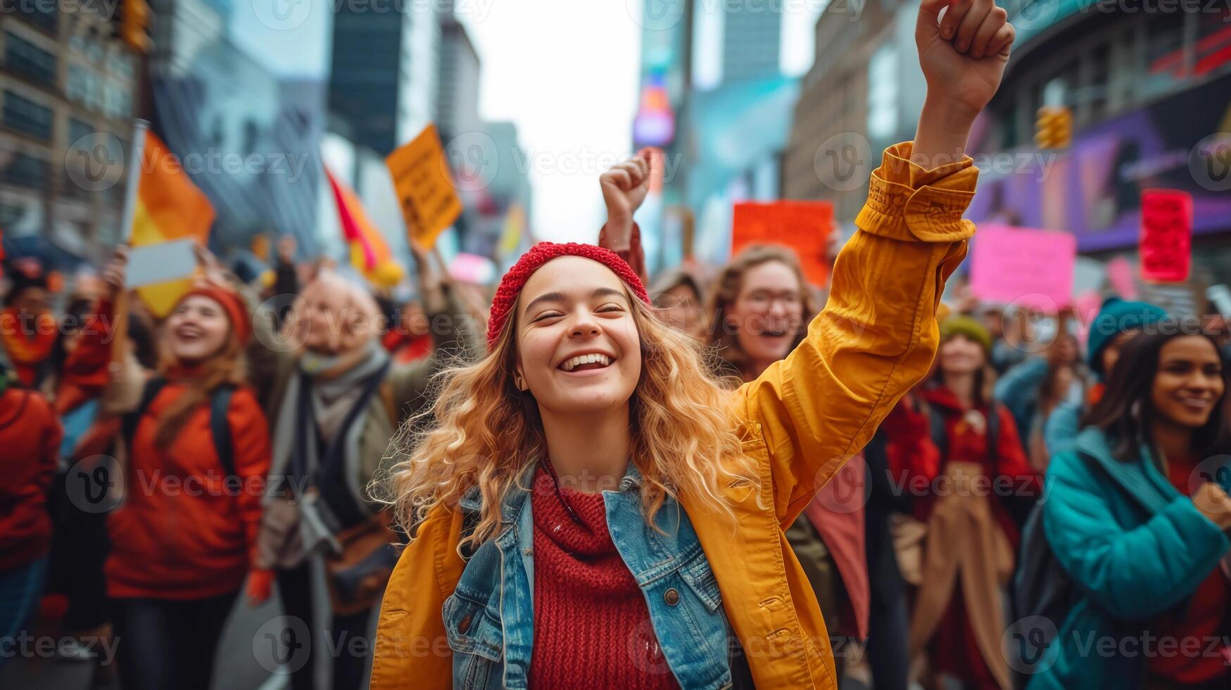 AI generated Women's march. Diverse participants walking down a street. Fight for women's rights. AI Generated photo
