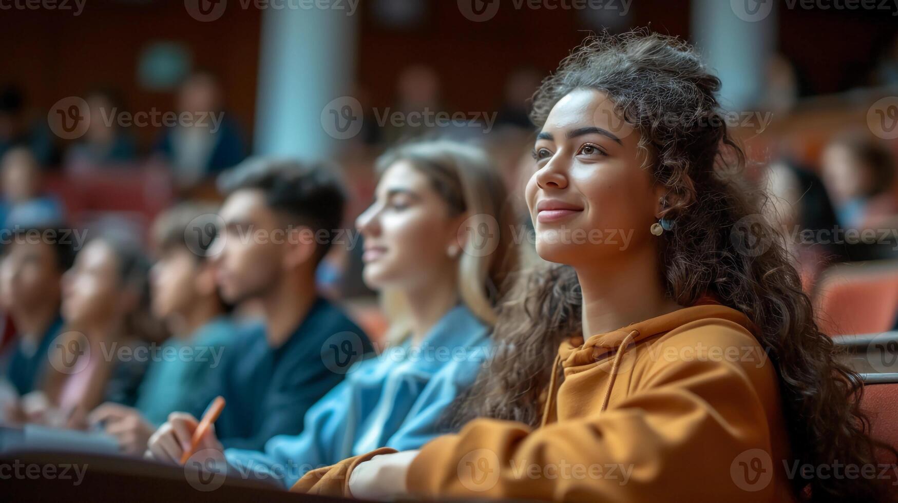 AI generated A vibrant university lecture hall with students of various ethnicities engaging in learning. Accessibility, diversity, and equality in education. AI Generated photo
