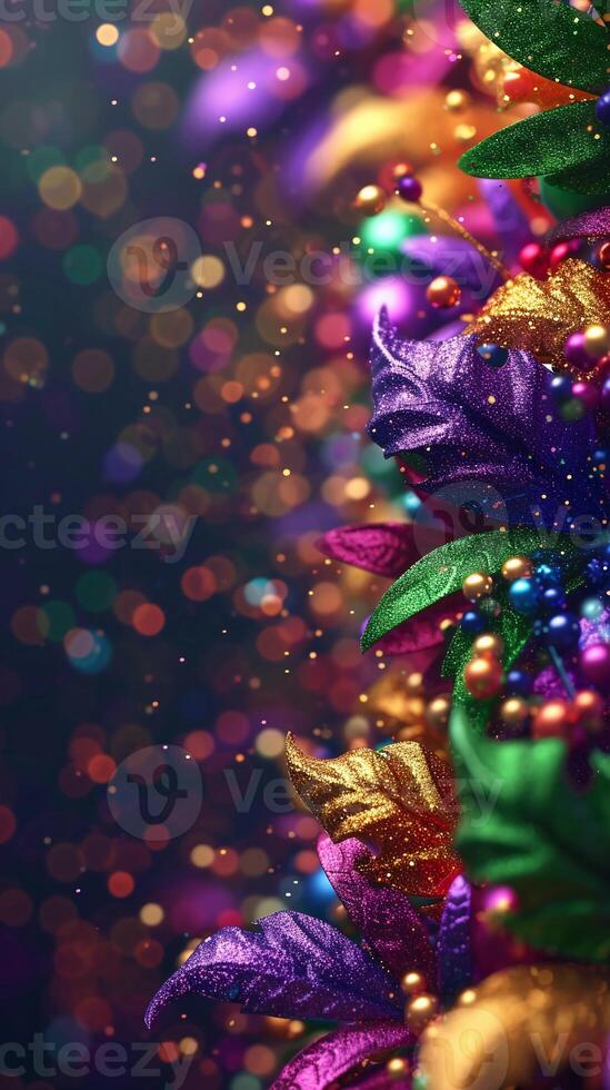 AI generated Mardi Gras Masquerade Banner with beads, feather in purple, green, yellow. Copy space. AI Generated photo