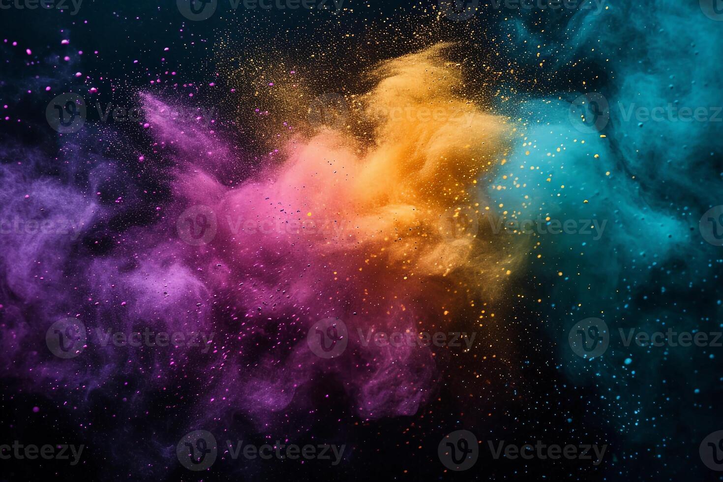 AI generated Holi paint powder explosion of purple, yellow, and green on black. Mardi Gras colors. AI Generated photo