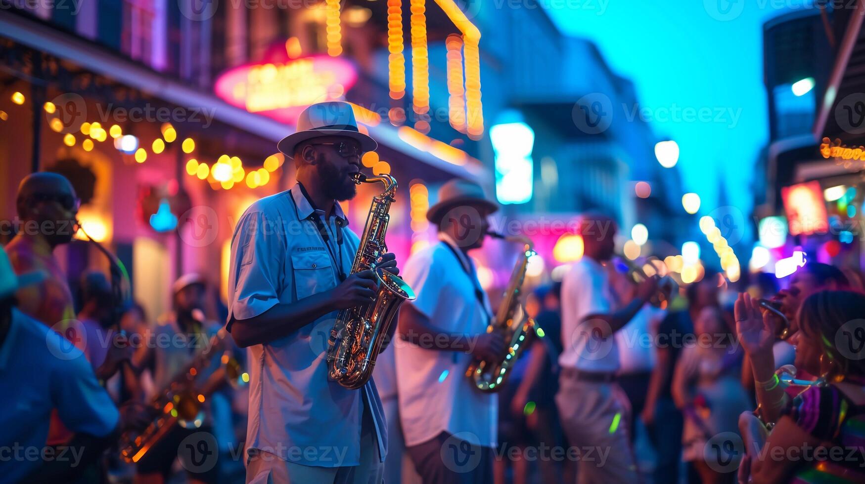 AI generated Jazz musicians in New Orleans. Mardi Gras street parade. Jazz Appreciation Month. AI Generative photo