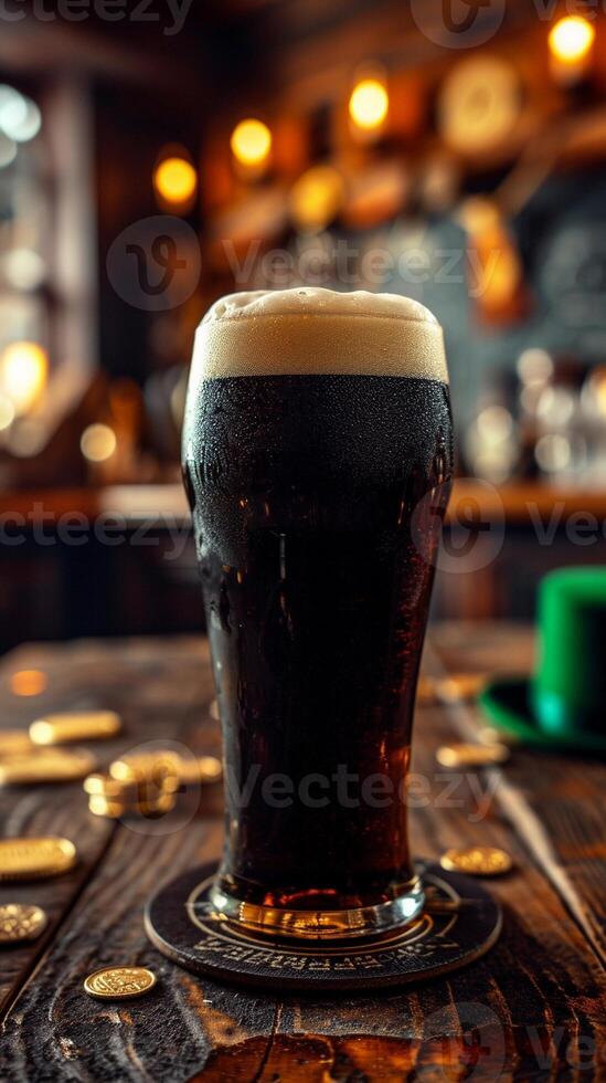 AI generated Dark stout beer in Irish pub with St. Patrick's Day decor, green top hat, gold coins. AI Generated photo