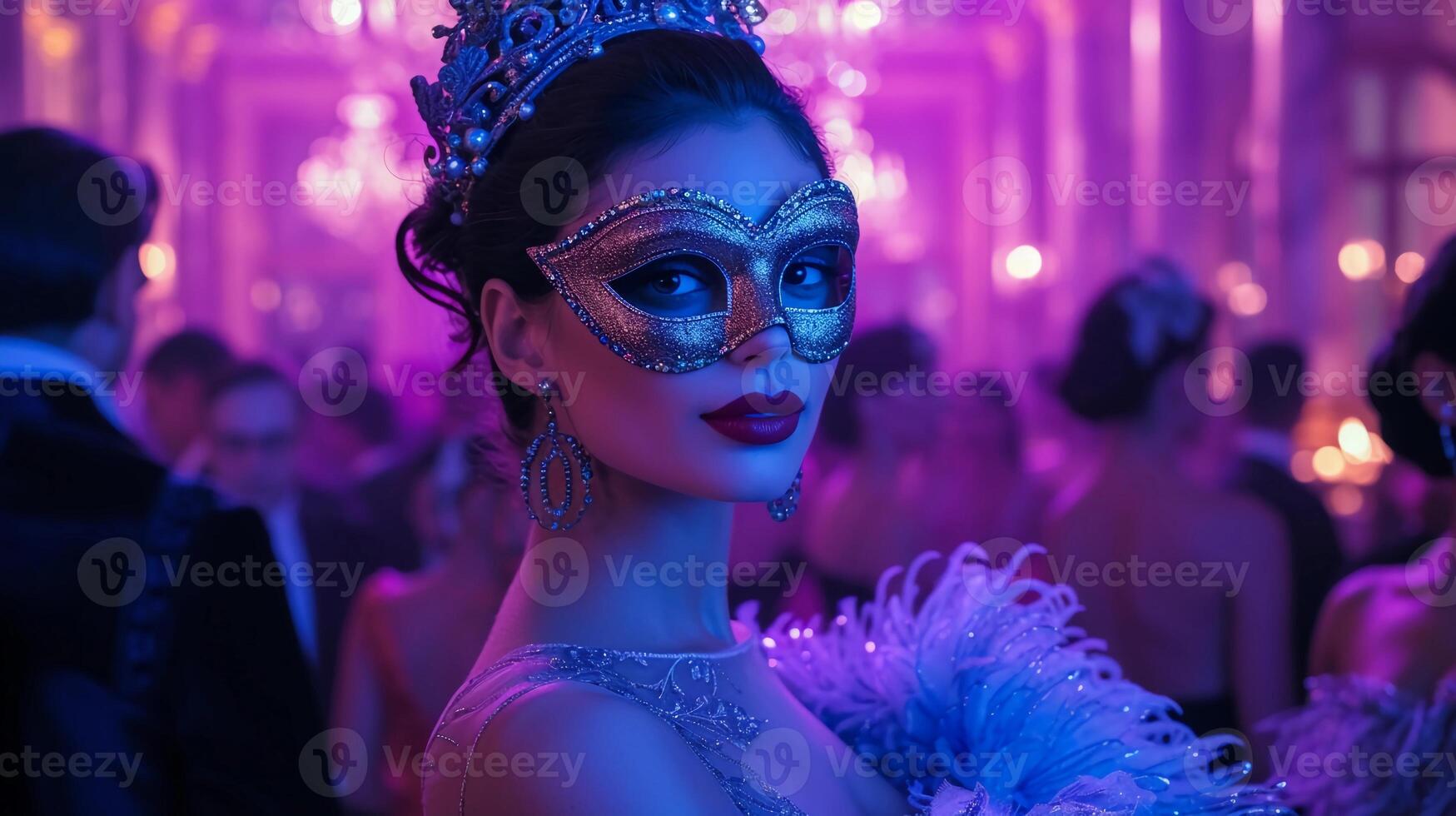 AI generated Masquerade Ball. Woman in Bejeweled Gold Mask. Grand Hall In Violet Hues. Mardi Gras. AI Generated photo