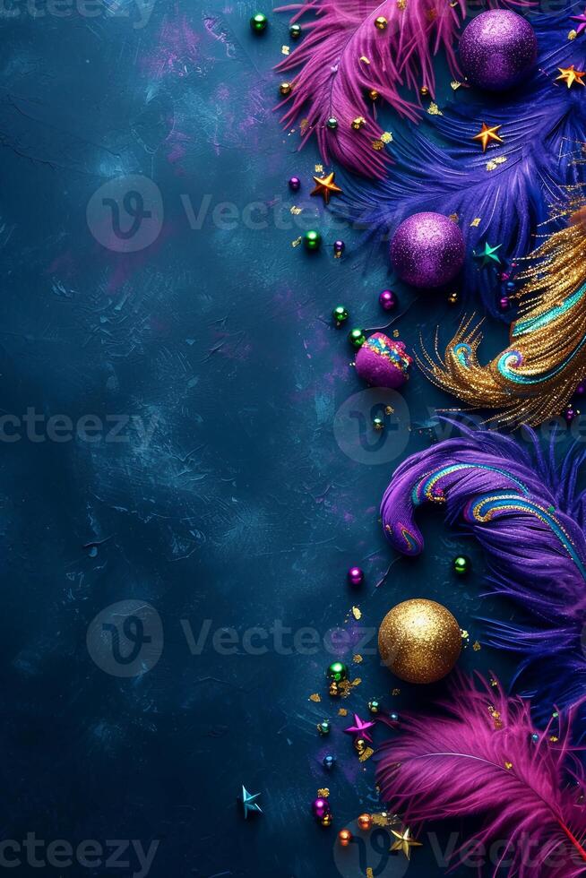 AI generated Mardi Gras Banner with glitter and feather in purple, green, and yellow. Copy space. AI Generated photo