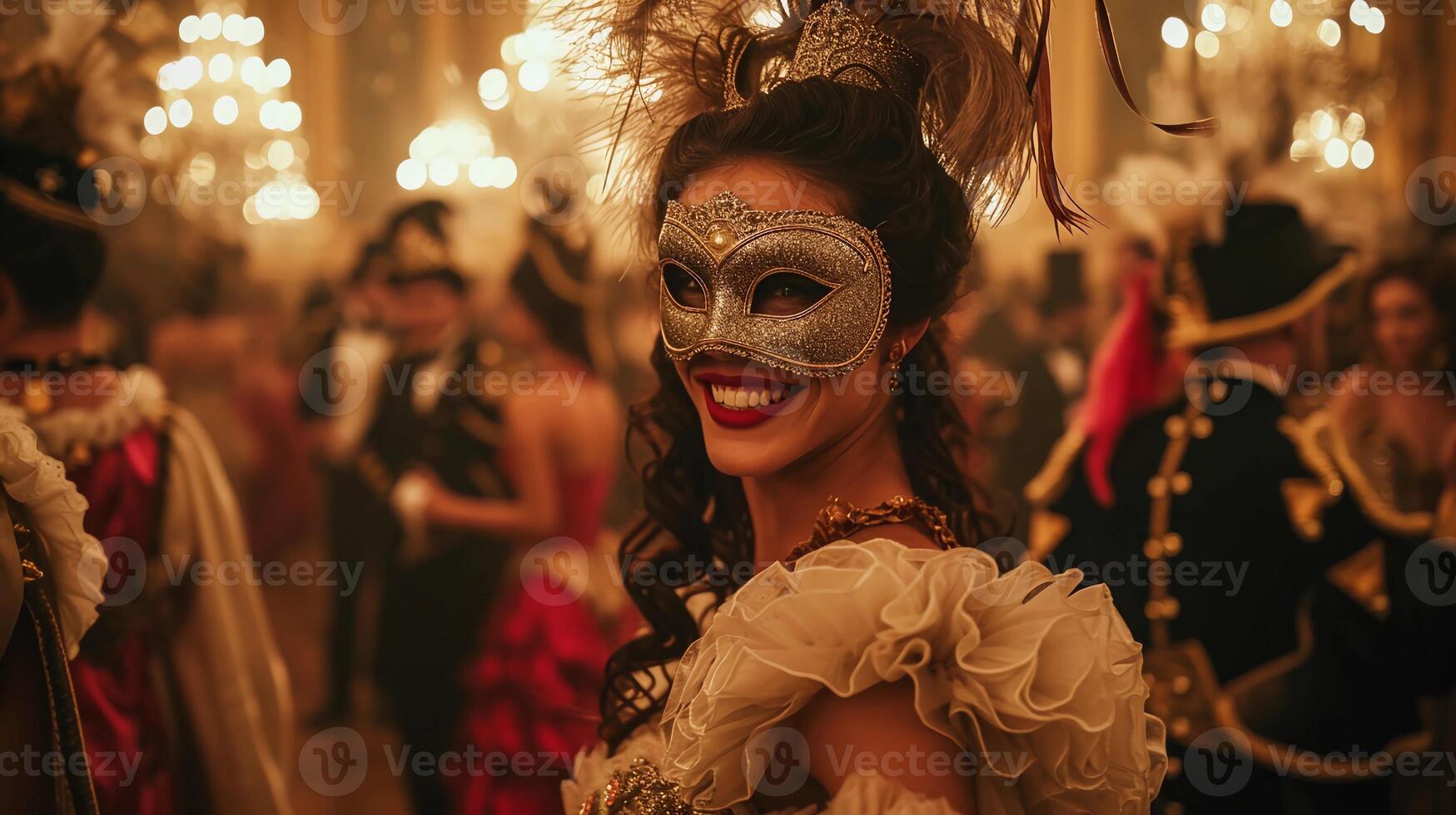 AI generated Woman with Gold Mask and Feathers. Elegant Mardi Gras masquerade ball in mansion. AI Generated photo