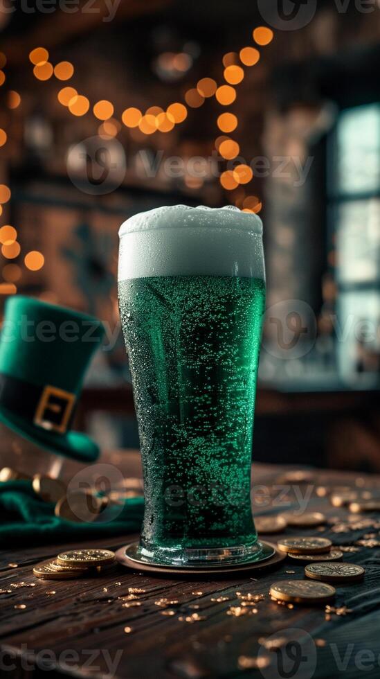 AI generated Green beer in Irish pub with St. Patrick's Day decor, green top hat, and gold coins. AI Generated photo