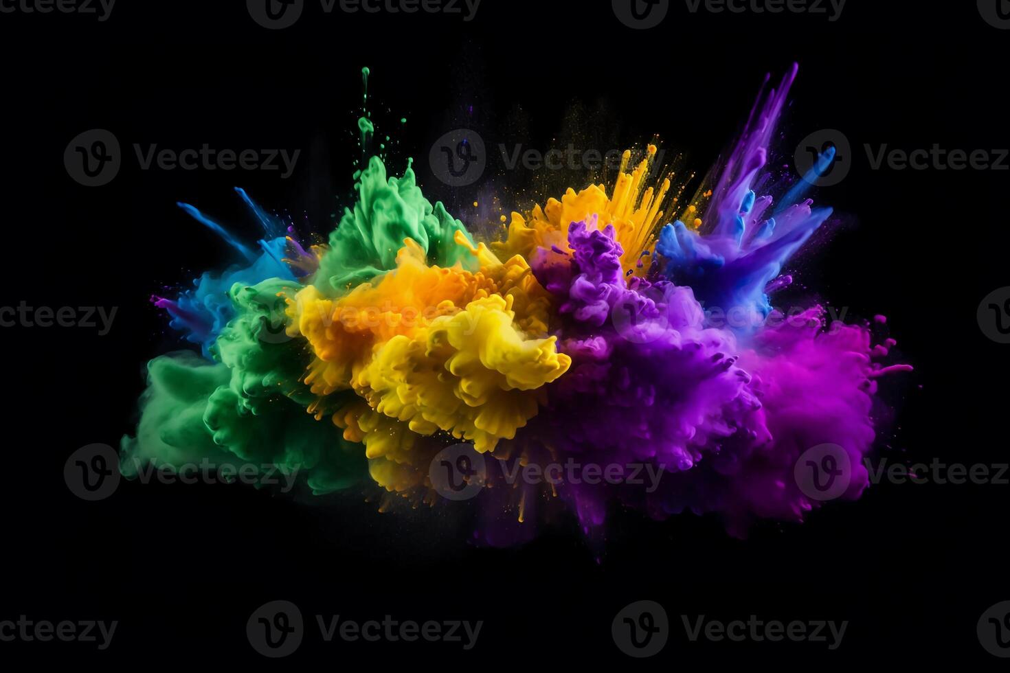 AI generated Holi paint powder explosion of purple, yellow, and green on black. Mardi Gras colors. AI Generated photo