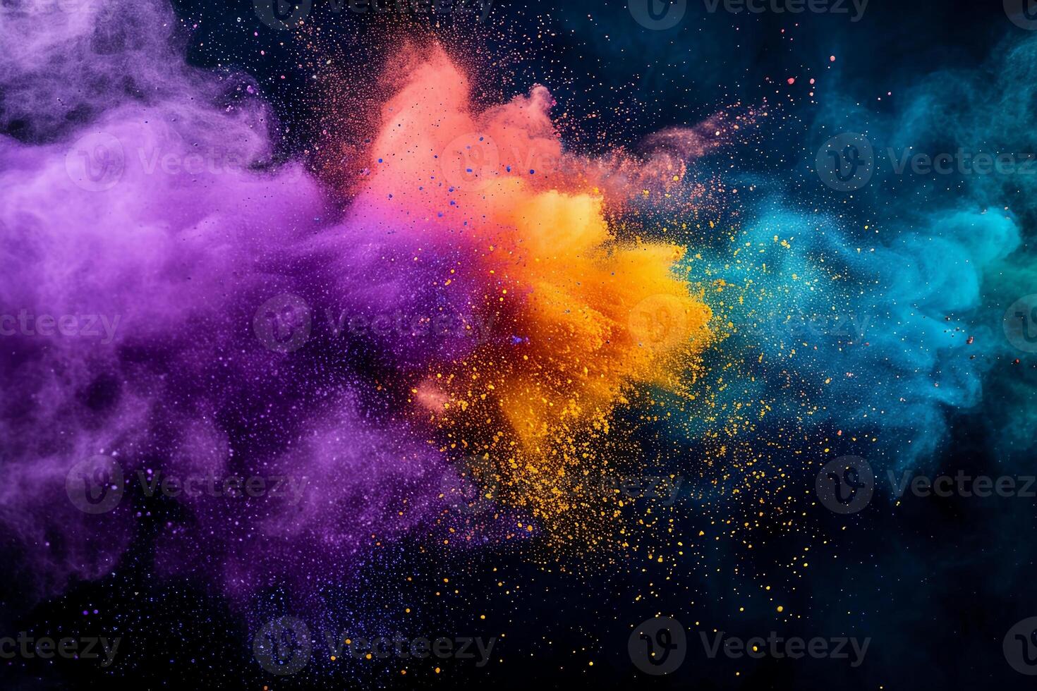 AI generated Holi paint powder explosion of purple, yellow, and green on black. Mardi Gras colors. AI Generated photo