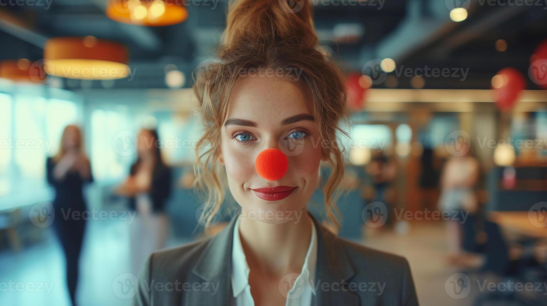 AI generated Smiling Woman with a Red Clown Nose at the Workplace. Blurred Office Background. AI Generated photo