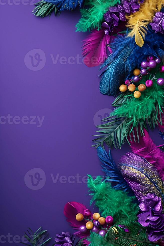 AI generated Mardi Gras Masquerade Banner with beads, feather in purple, green, yellow. Copy space. AI Generated photo