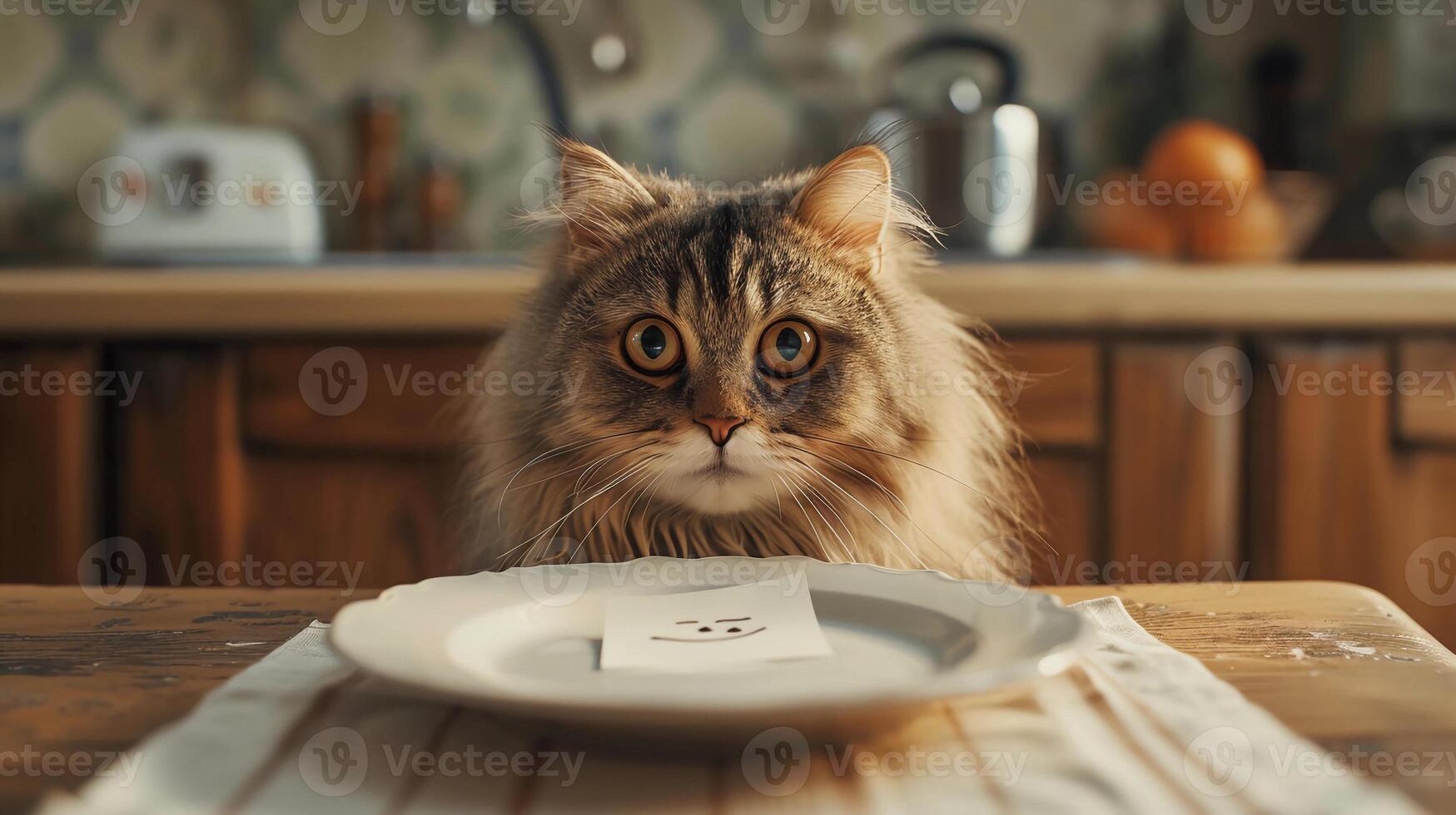 AI generated April Fool's Day Prank. Cat Is Tricked with an Empty Bowl Featuring a Cheeky Smiley. AI Generated photo