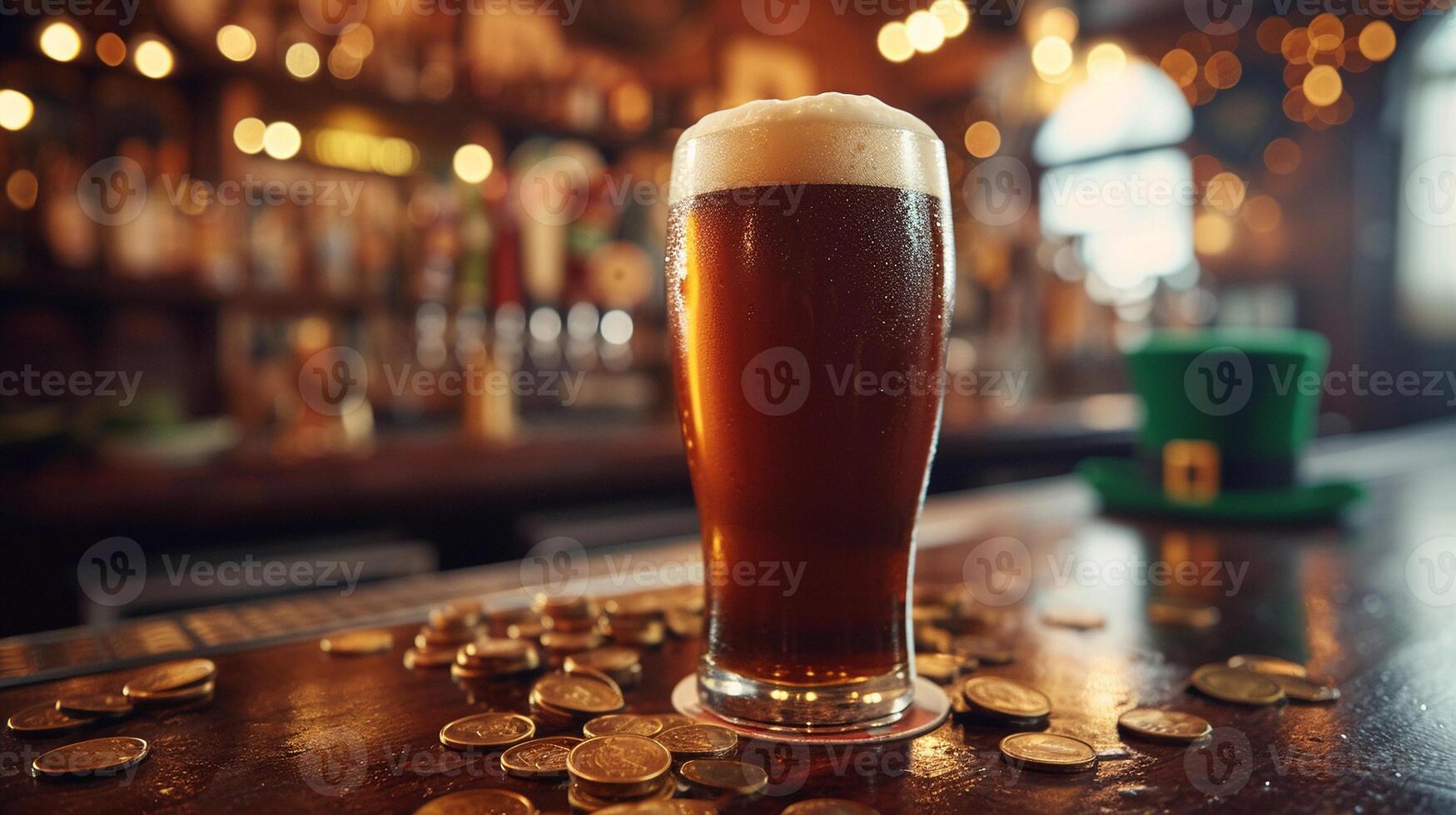 AI generated Dark stout beer in Irish pub with St. Patrick's Day decor, green top hat, gold coins. AI Generated photo