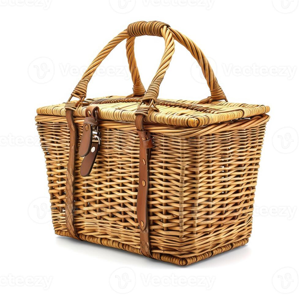 AI generated Handmade woven wicker rattan picnic basket isolated on white background, Ai Generated. photo