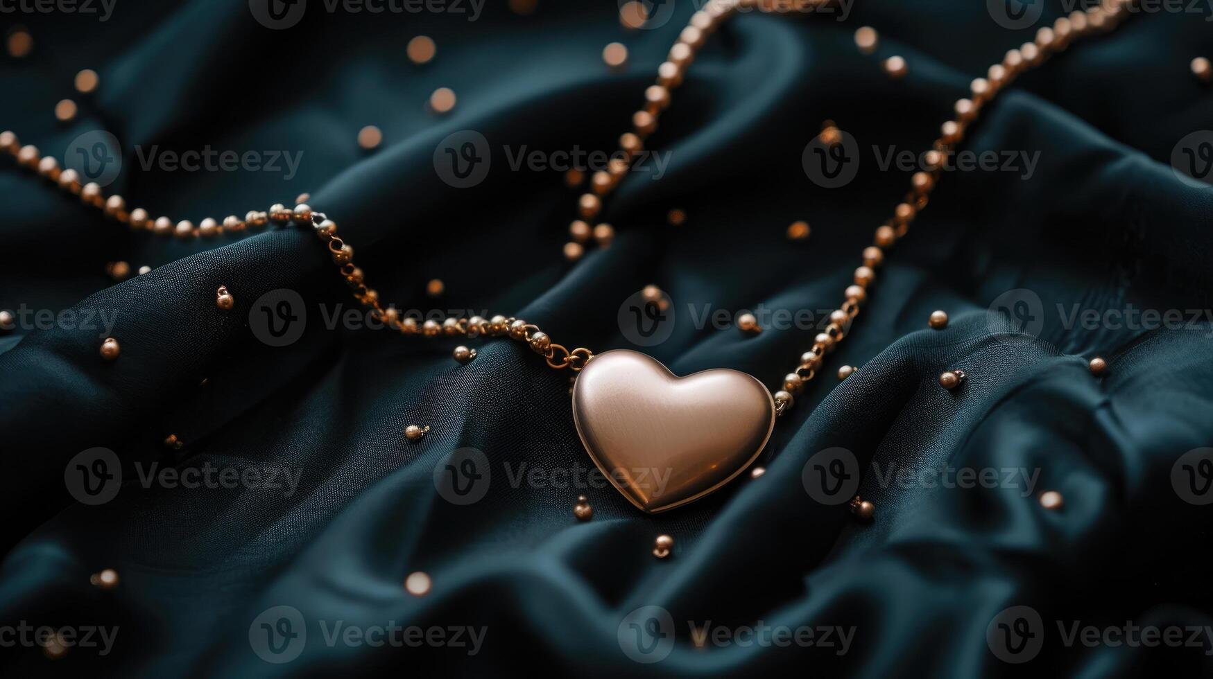 AI generated Heart-shaped pendant on black cloth, accented with gold beads for elegance, Ai Generated photo