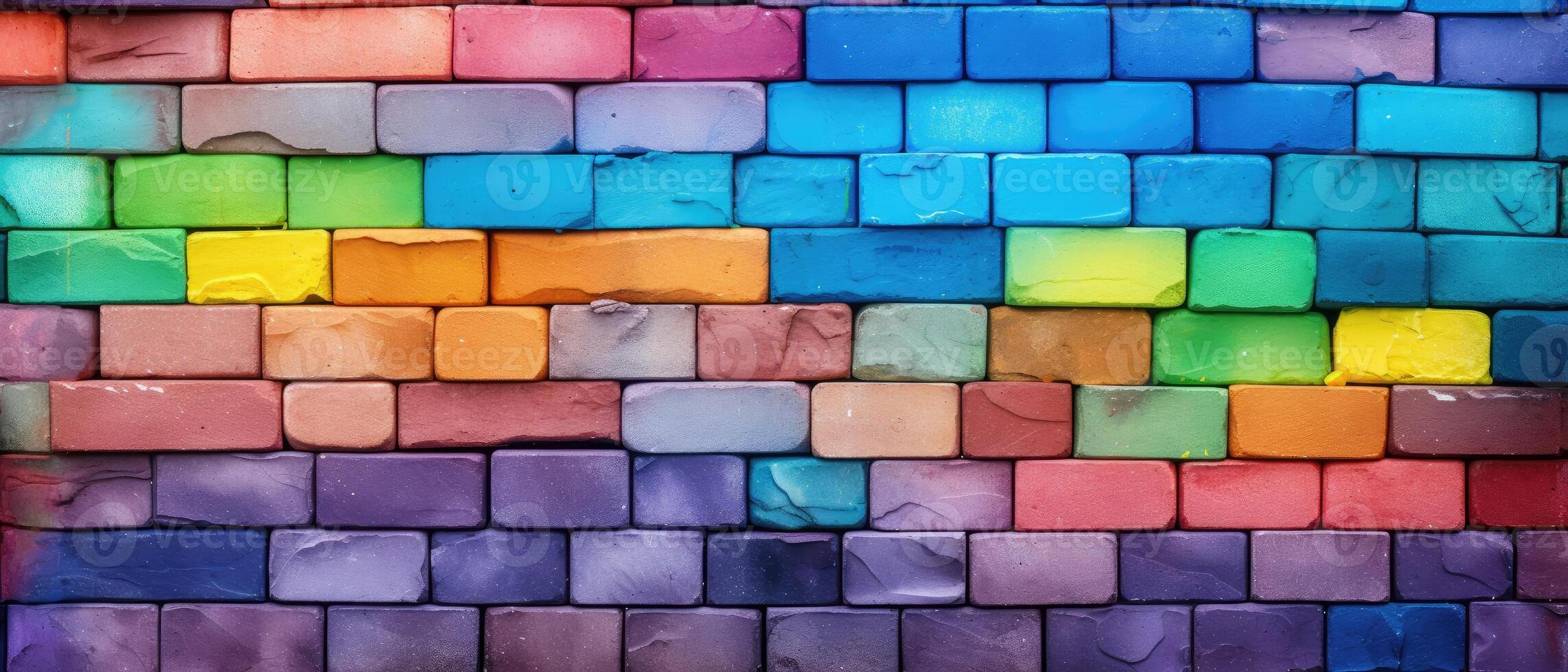 AI generated A colorful rustic brick wall adorned in rainbow flag hues, exemplifying unique brickwork and stonework, Ai Generated photo