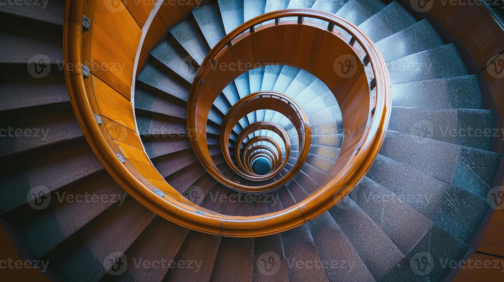 ai generado parte superior ver de un espiral escalera en un edificio. arquitectónico elegancia desde arriba, ai generado. foto