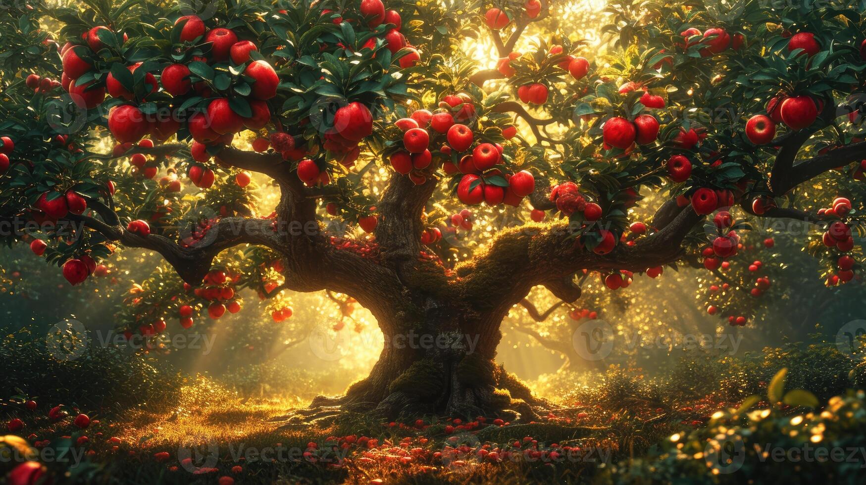 AI generated Lush tree bearing crisp apples in an orchard, surrounded by nature's beauty, Ai Generated. photo