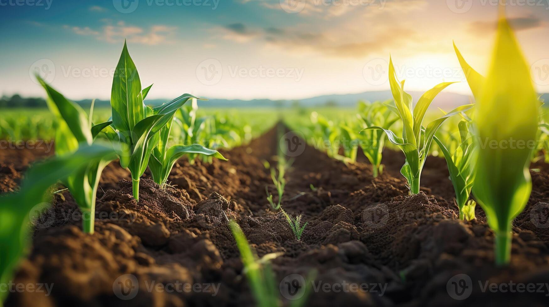 AI generated Agricultural shot showcases rows of young corn plants thriving in a vast field with fertile soil, Ai Generated photo