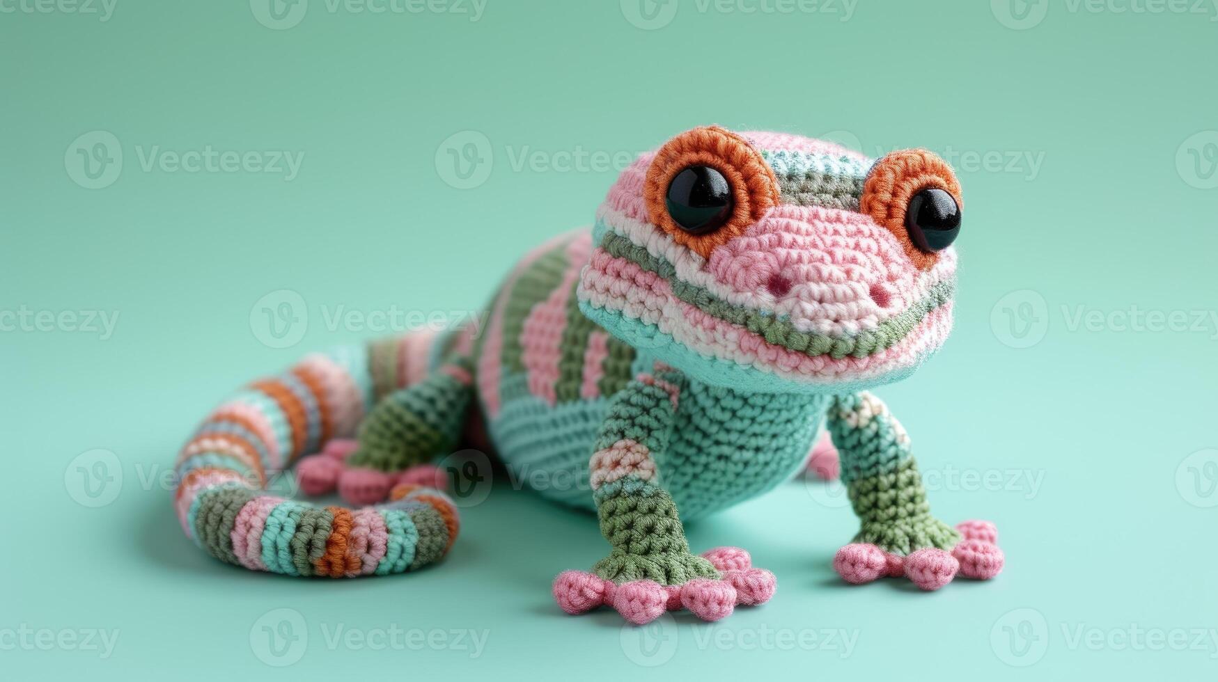 AI generated Crocheted gecko toy vibrant backdrop, handcrafted and adorable, Ai Generated photo