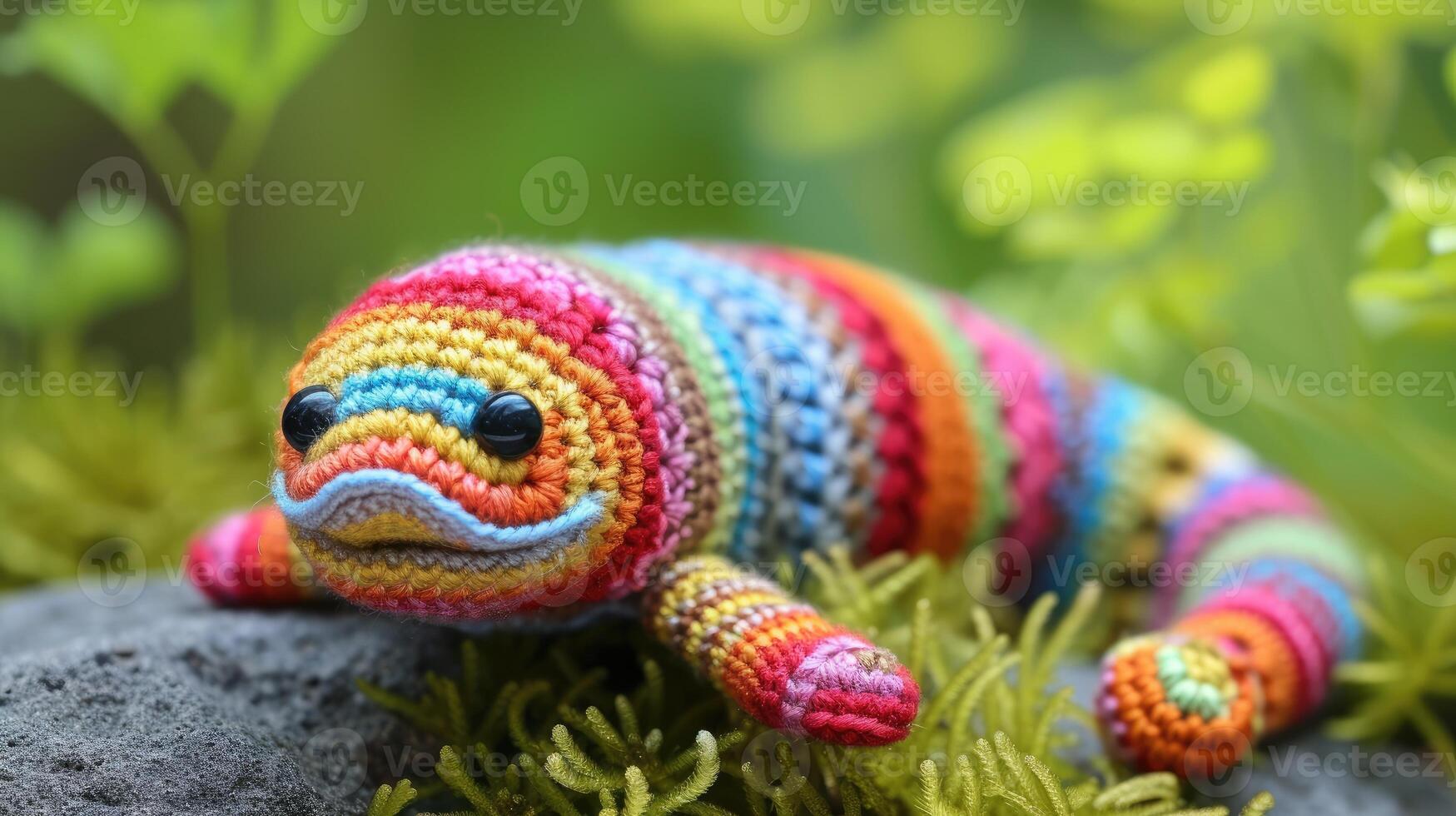 AI generated Crocheted eel toy vibrant backdrop, handcrafted and adorable, Ai Generated photo