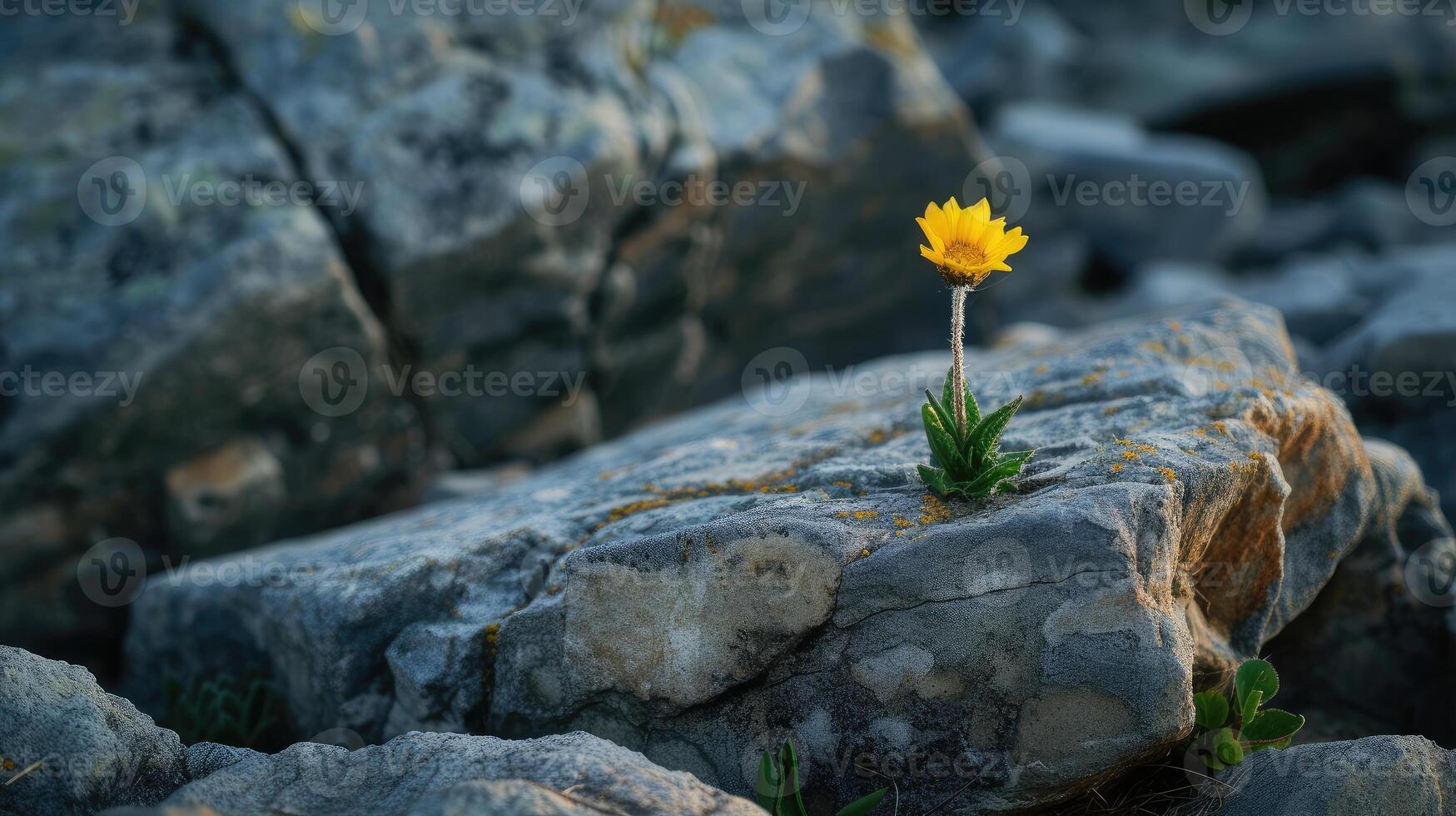 AI generated A solitary flower blooms amidst rugged rocks, nature's resilient beauty in harsh terrain, Ai Generated photo