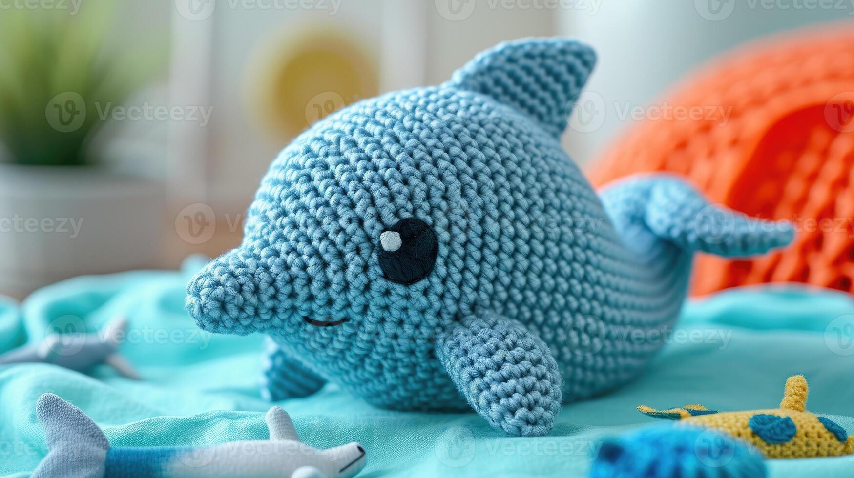AI generated Crocheted dolphin toy vibrant backdrop, handcrafted and adorable, Ai Generated photo