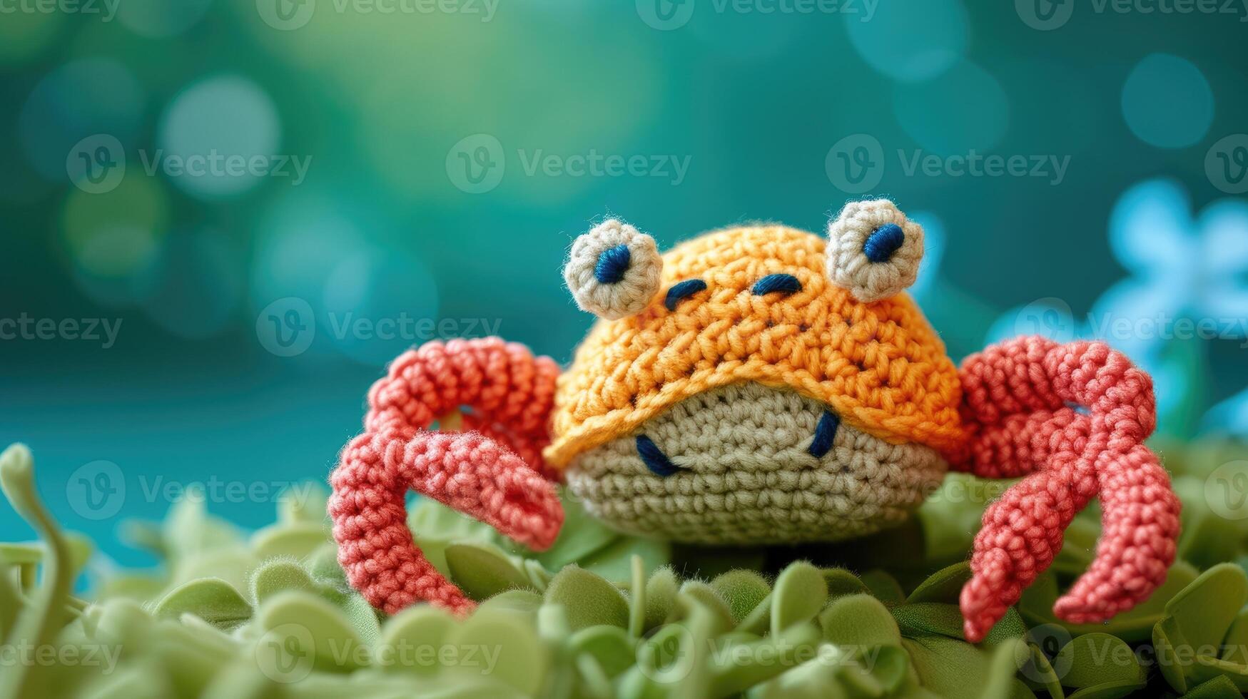 AI generated Crocheted crab toy vibrant backdrop, handcrafted and adorable, Ai Generated photo