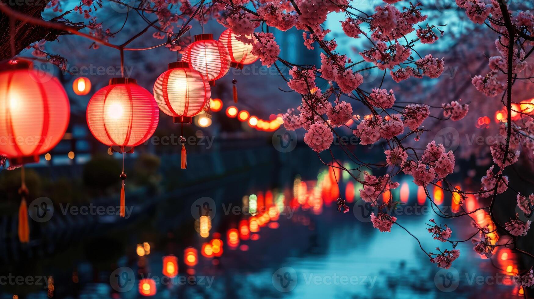 AI generated Cherry blossoms illuminate a night-time festival, creating a magical and enchanting atmosphere, Ai Generated. photo