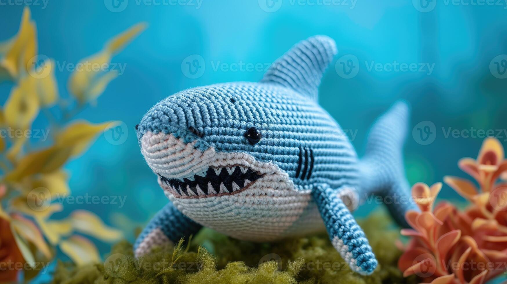 AI generated Crocheted shark toy vibrant backdrop, handcrafted and adorable, Ai Generated photo
