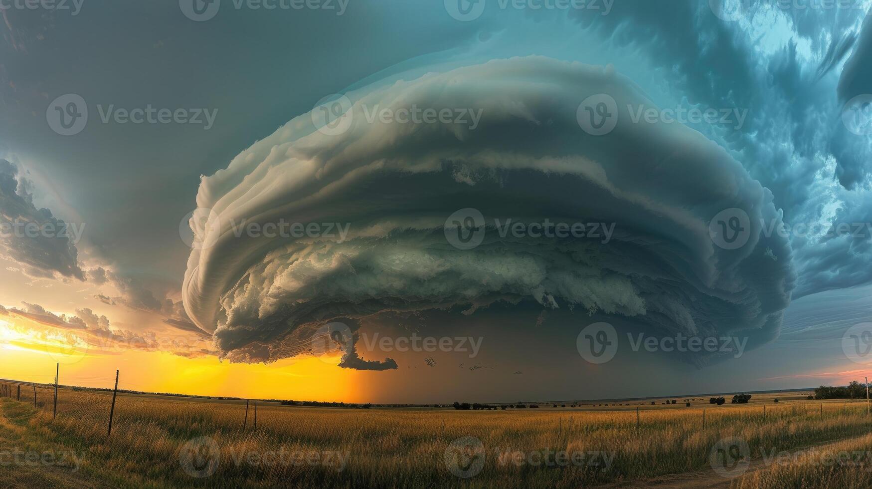 AI generated A beautifully structured supercell thunderstorm against a mesmerizing sunset sky, atmospheric drama unfolds, Ai Generated. photo