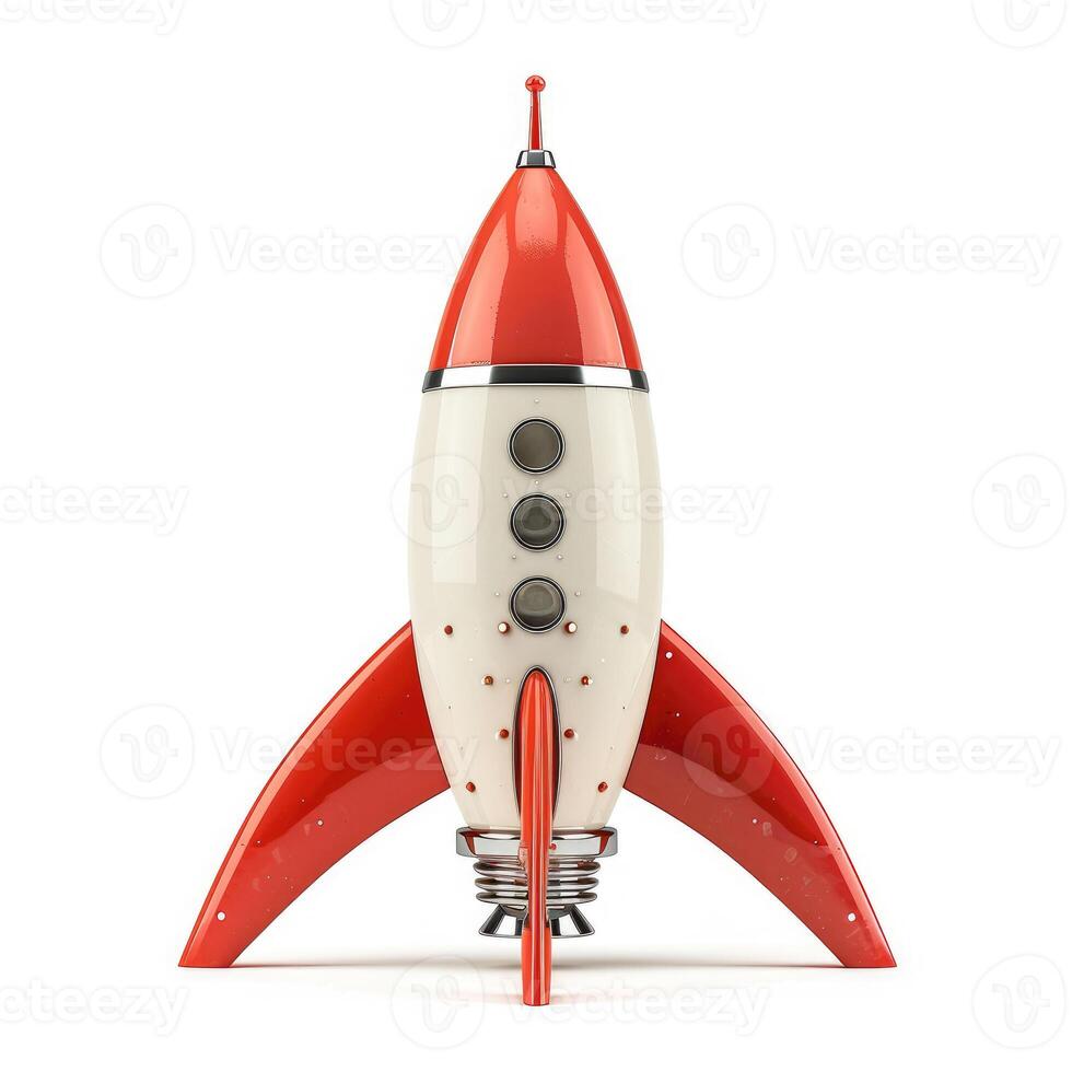 AI generated Futuristic space age rocket stands alone on a white background, an emblem of innovation, Ai Generated. photo