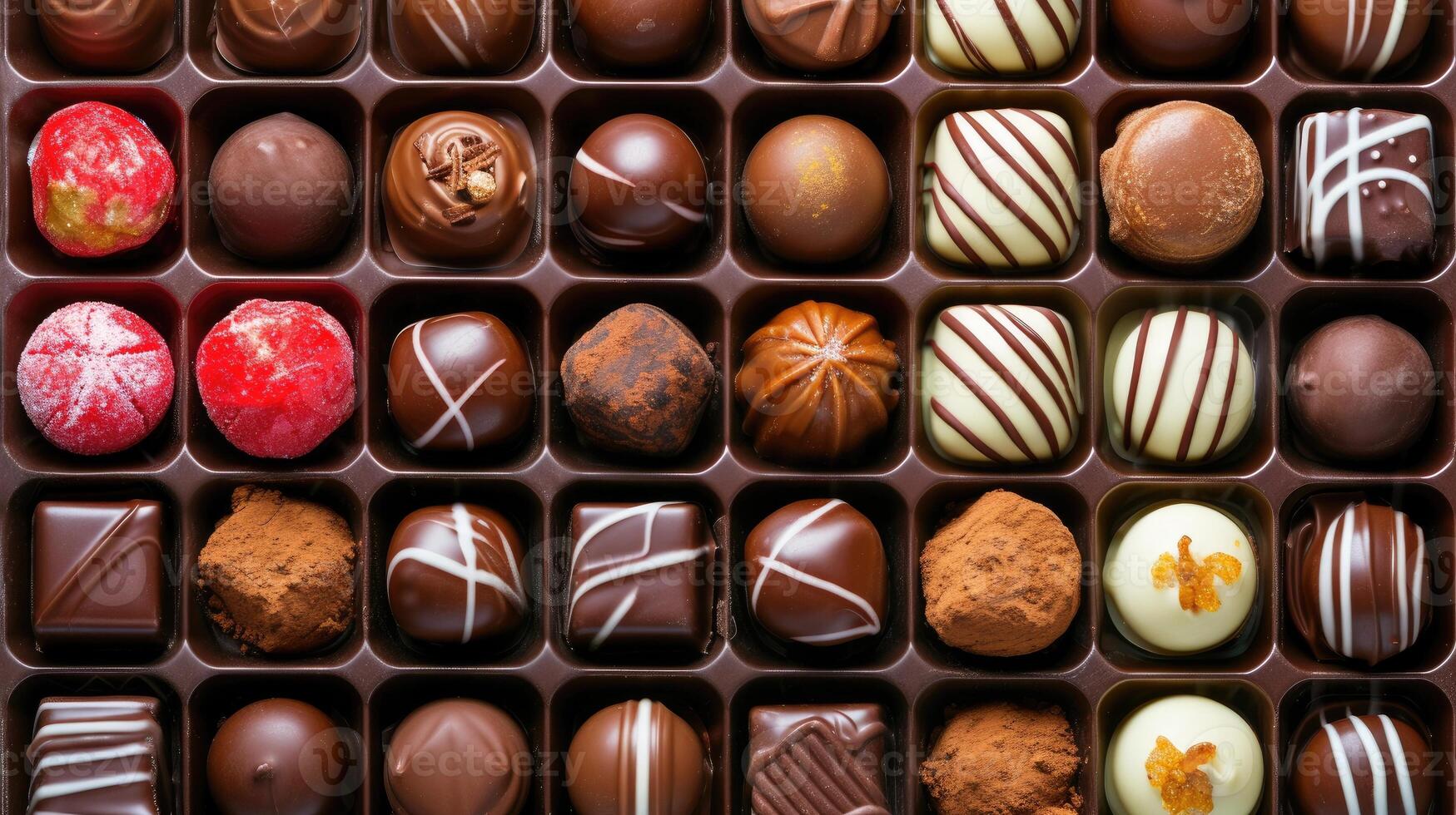 AI generated Assorted rows of delectable chocolate sweets nestled in a charming box. Tempting, Ai Generated. photo