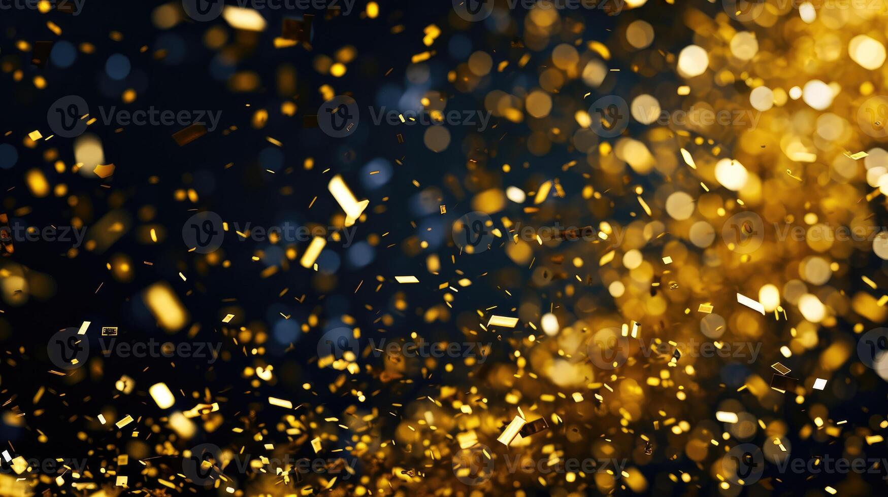 AI generated Luxurious golden confetti cascades elegantly against a sleek black background. Ai Generated. photo