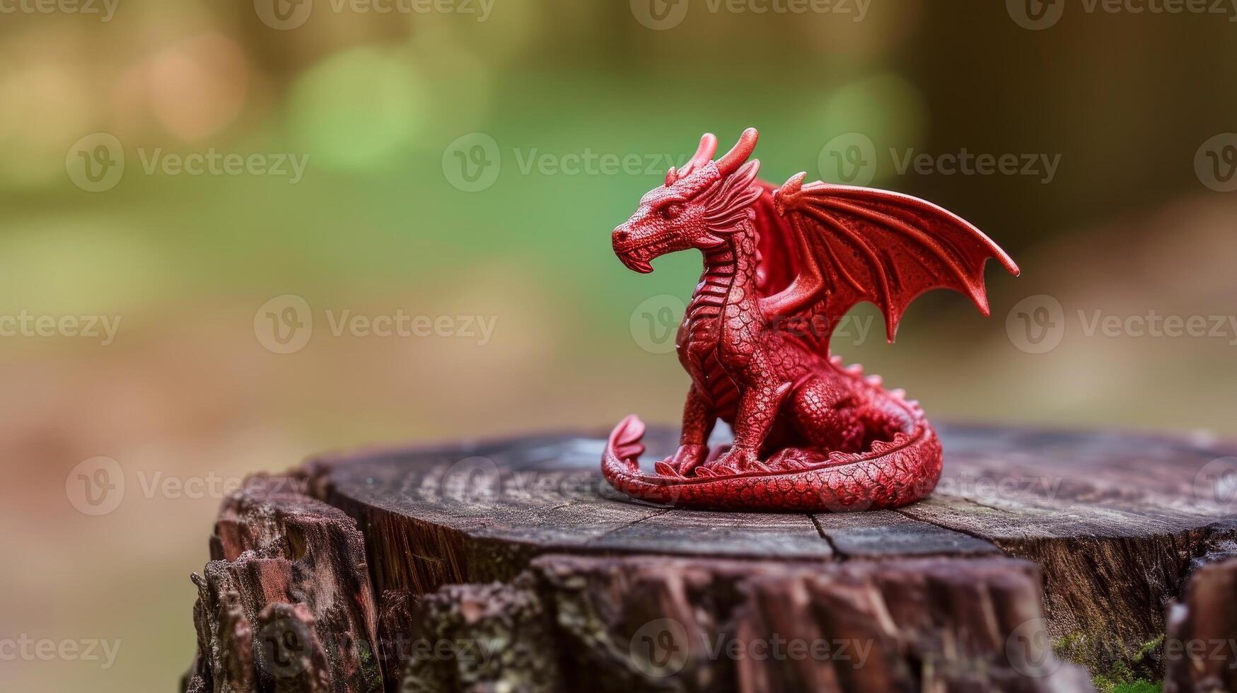 AI generated Red dragon stands proudly on a log, fiery scales shimmering in the sunlight, Ai Generated. photo