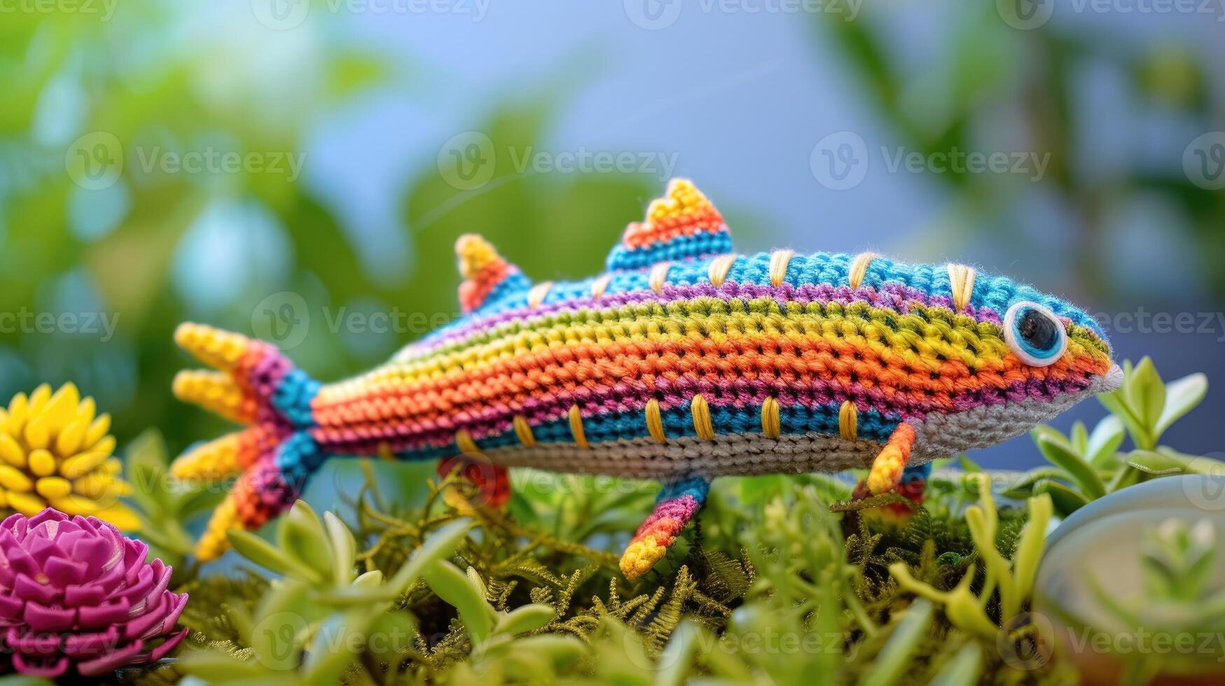 AI generated Crocheted mackerel toy vibrant backdrop, handcrafted and adorable, Ai Generated photo