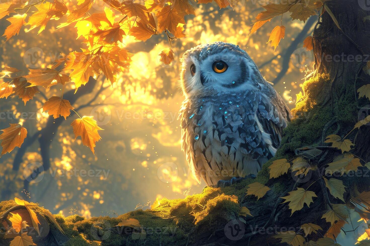 AI generated Serene owl perches on a branch, its wise gaze surveying the nocturnal realm, Ai Generated. photo