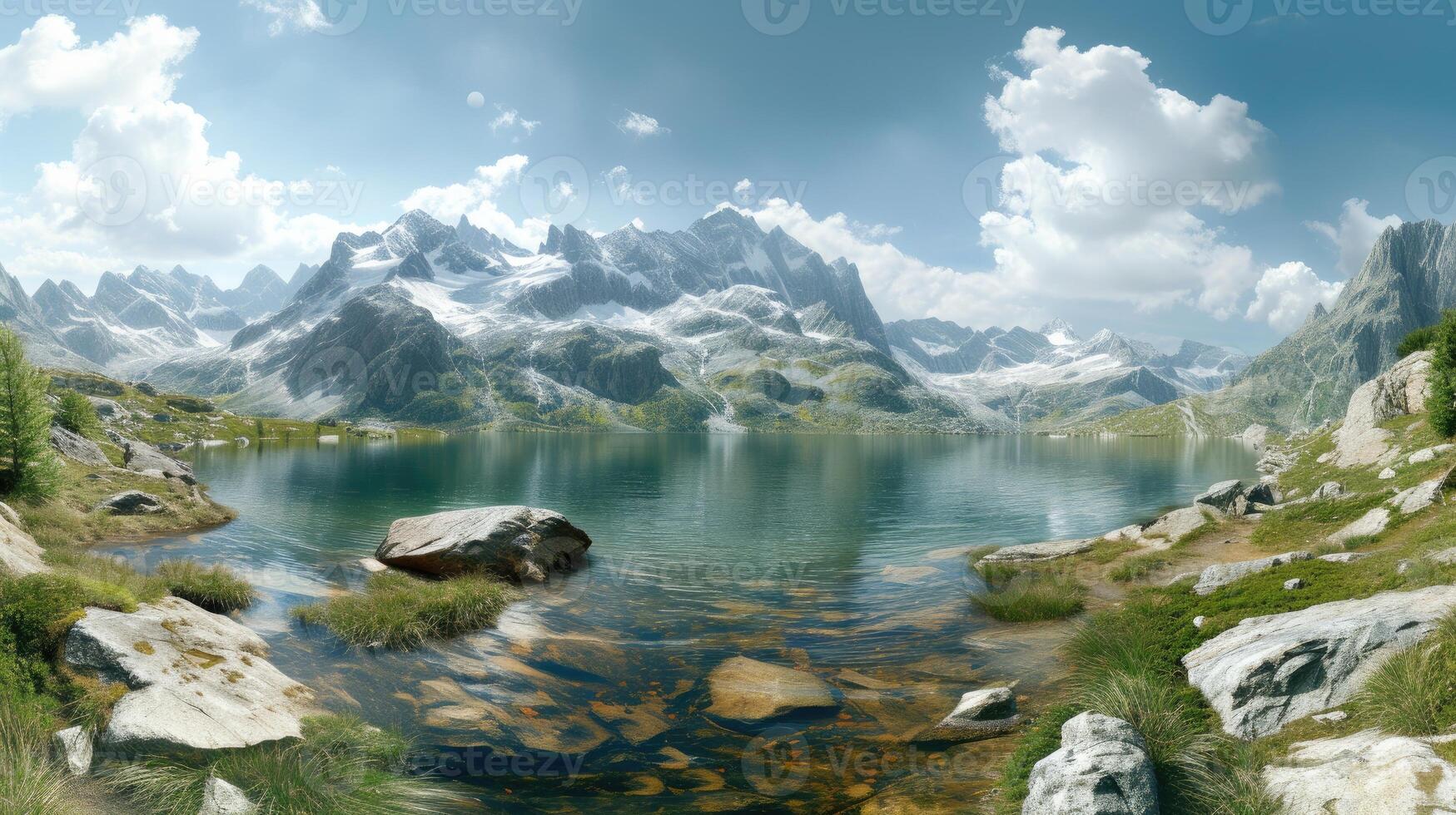 AI generated Immerse yourself in a breathtaking 360 panorama of mountains and a tranquil lake. Ai Generated. photo