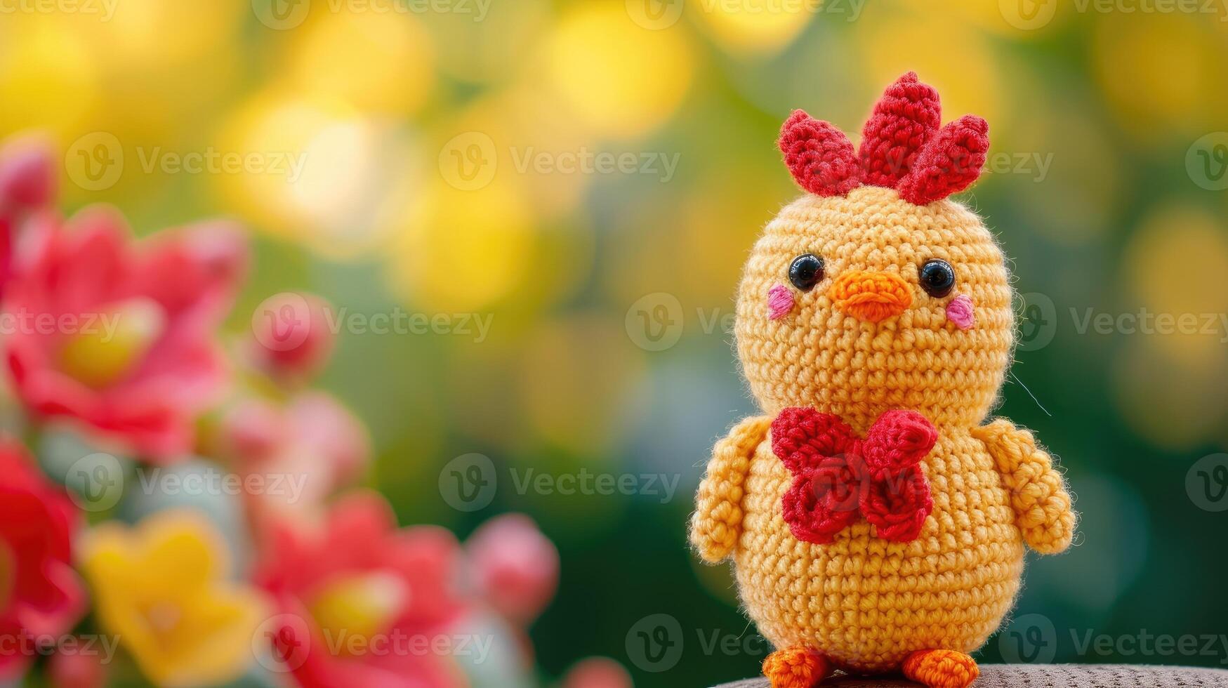 AI generated Crocheted chicken toy vibrant backdrop, handcrafted and adorable, Ai Generated photo