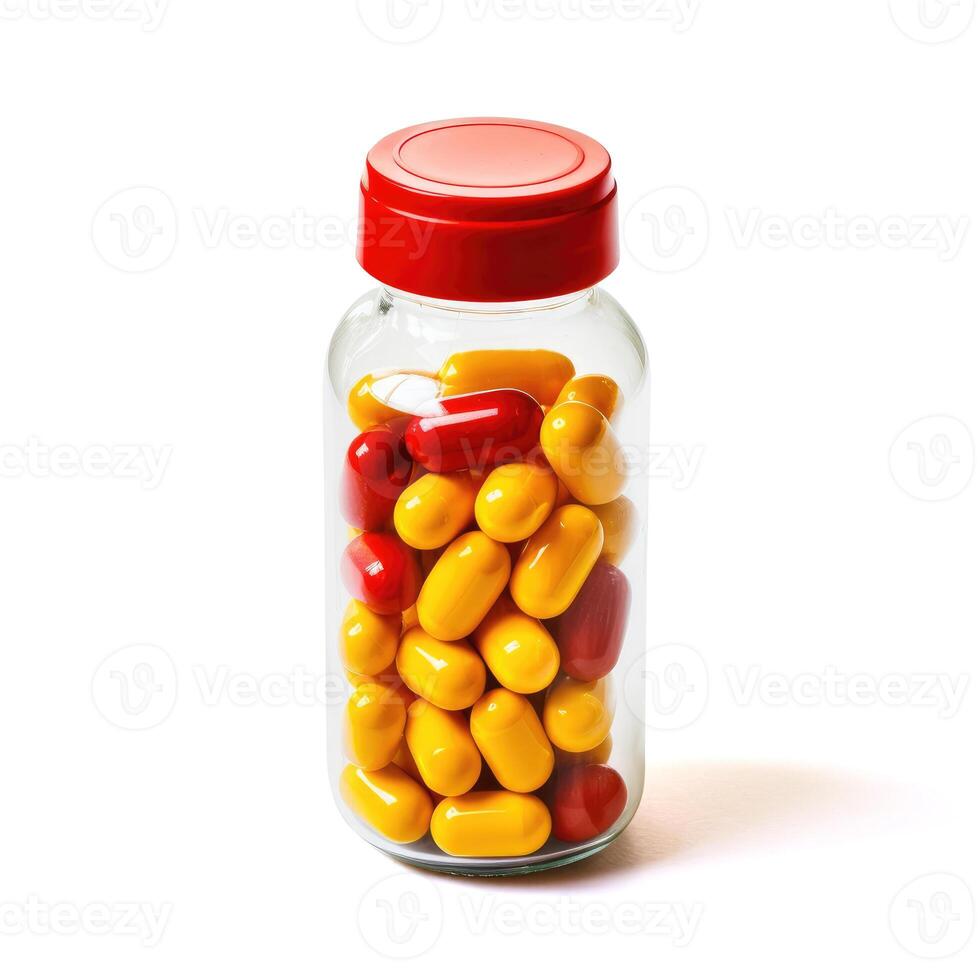 AI generated Clear bottle filled with colorful red and yellow vitamins or capsules, Ai Generated. photo