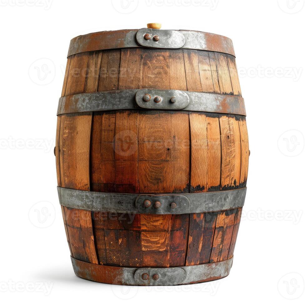 AI generated Oak wooden barrel, vintage charm for rustic decor. Aged character, Ai Generated. photo