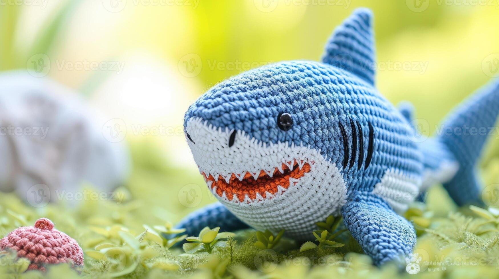 AI generated Crocheted shark toy vibrant backdrop, handcrafted and adorable, Ai Generated photo