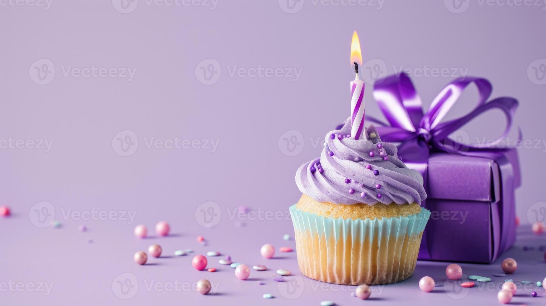 AI generated Delicious cupcake with a birthday candle and a gift box, Ai Generated photo