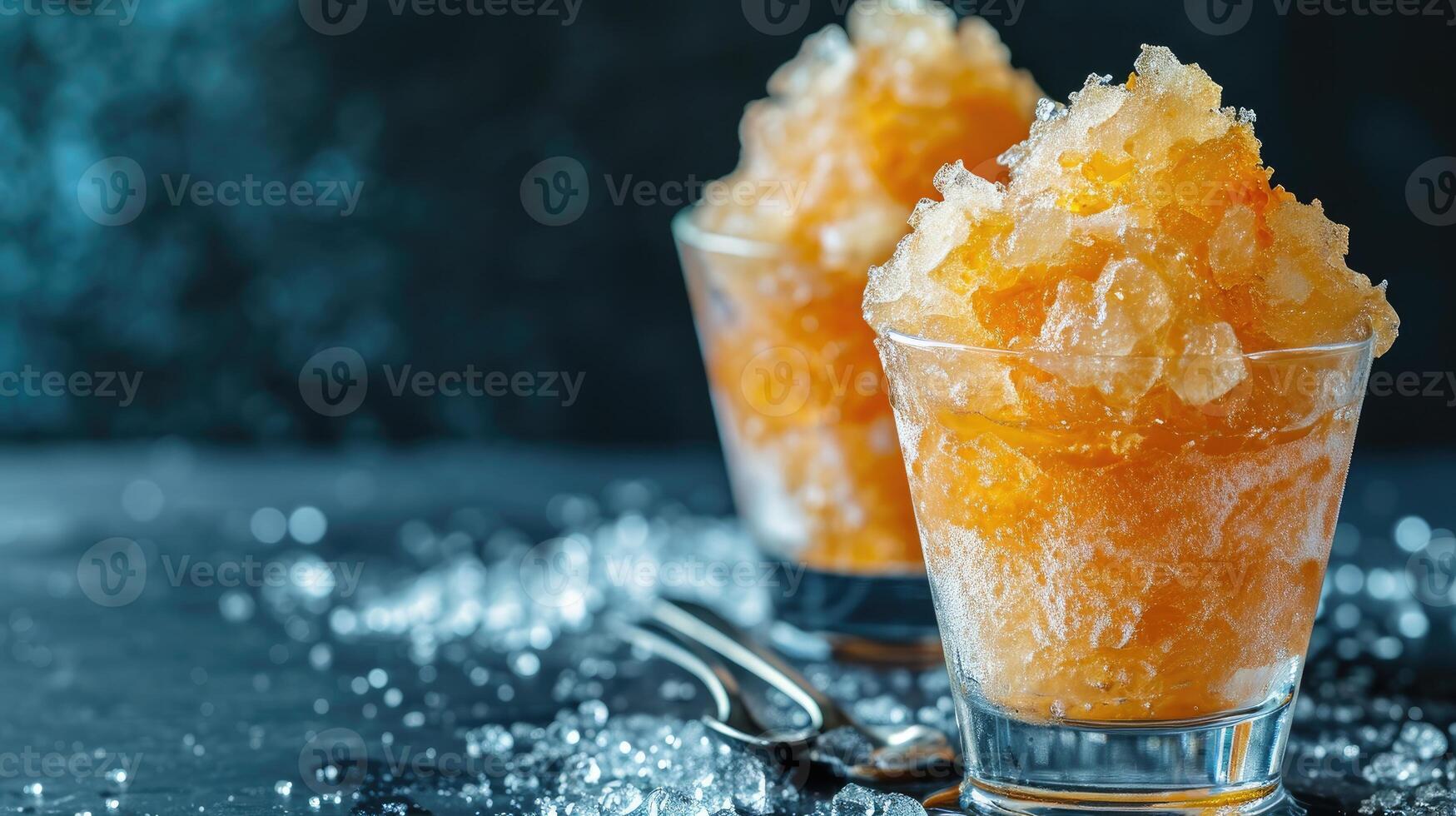 AI generated Homemade shaved ice with syrup and marmalade, a sweet delight in glasses, dark background, Ai Generated. photo