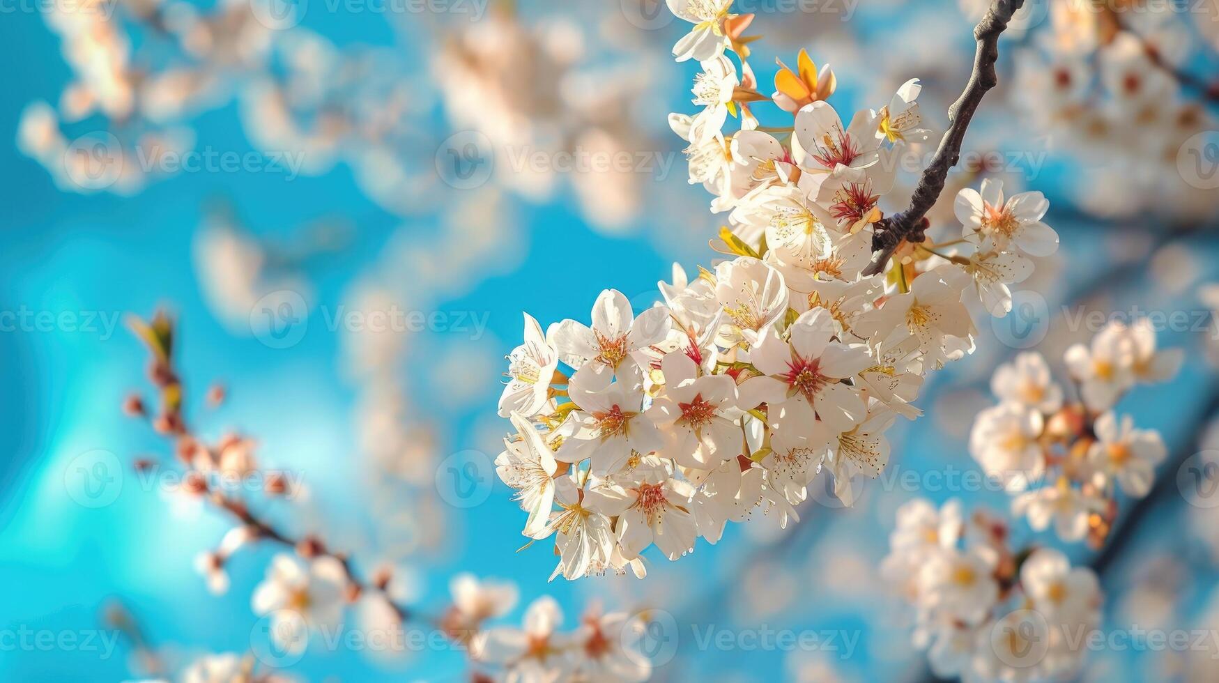 AI generated Close-up of cherry blossoms against a blue sky creates a beautiful spring background, Ai Generated. photo