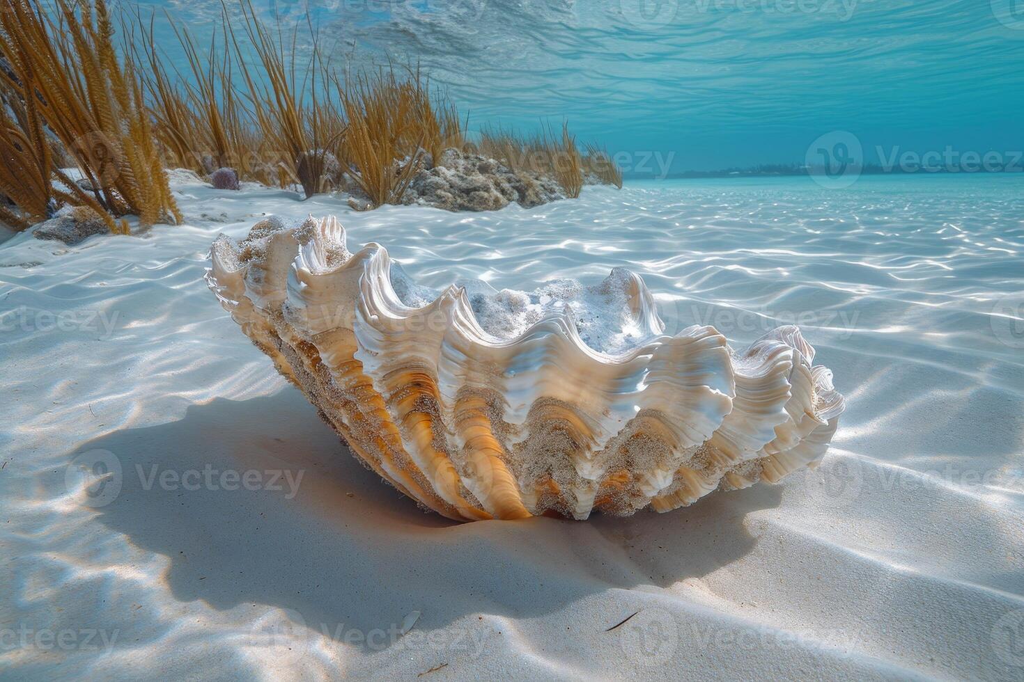 AI generated Solitary clam nestled in the sandy seabed, its shell gleaming softly in the underwater light, Ai Generated. photo