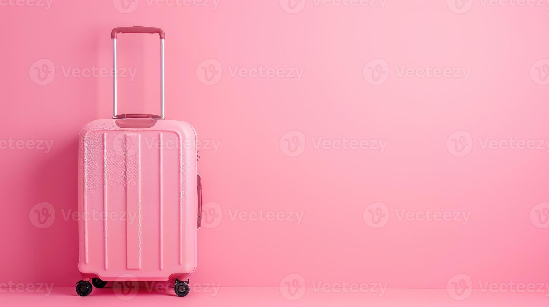 AI generated Summer vacation and travel theme. A suitcase or luggage bag set against a soft pastel pink backdrop, Ai Generated. photo