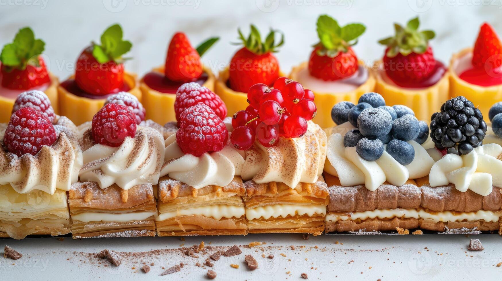 AI generated Array of pastries adorned with diverse toppings, crowned with luscious berries, Ai Generated. photo