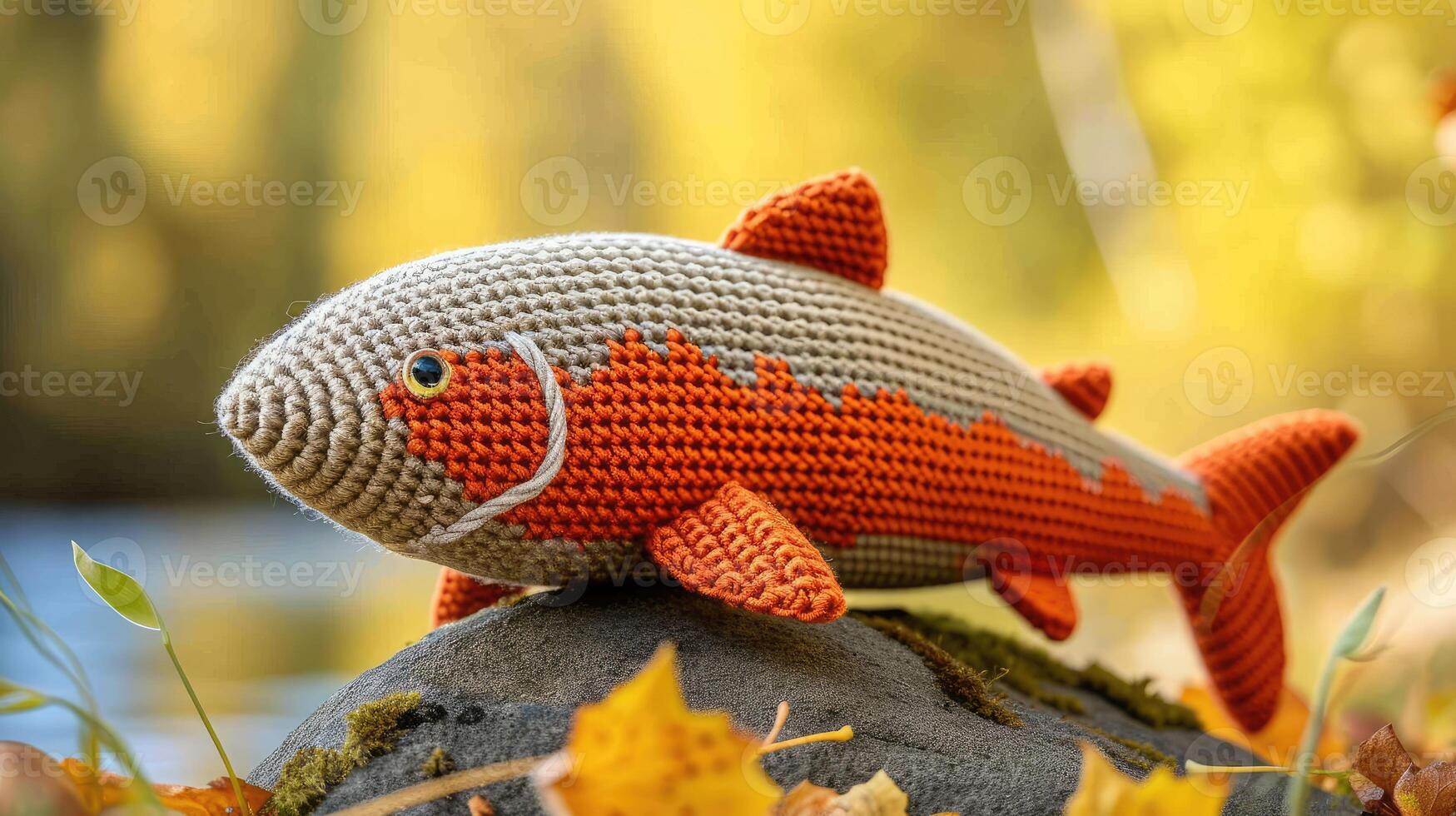 AI generated Crocheted salmon toy vibrant backdrop, handcrafted and adorable, Ai Generated photo