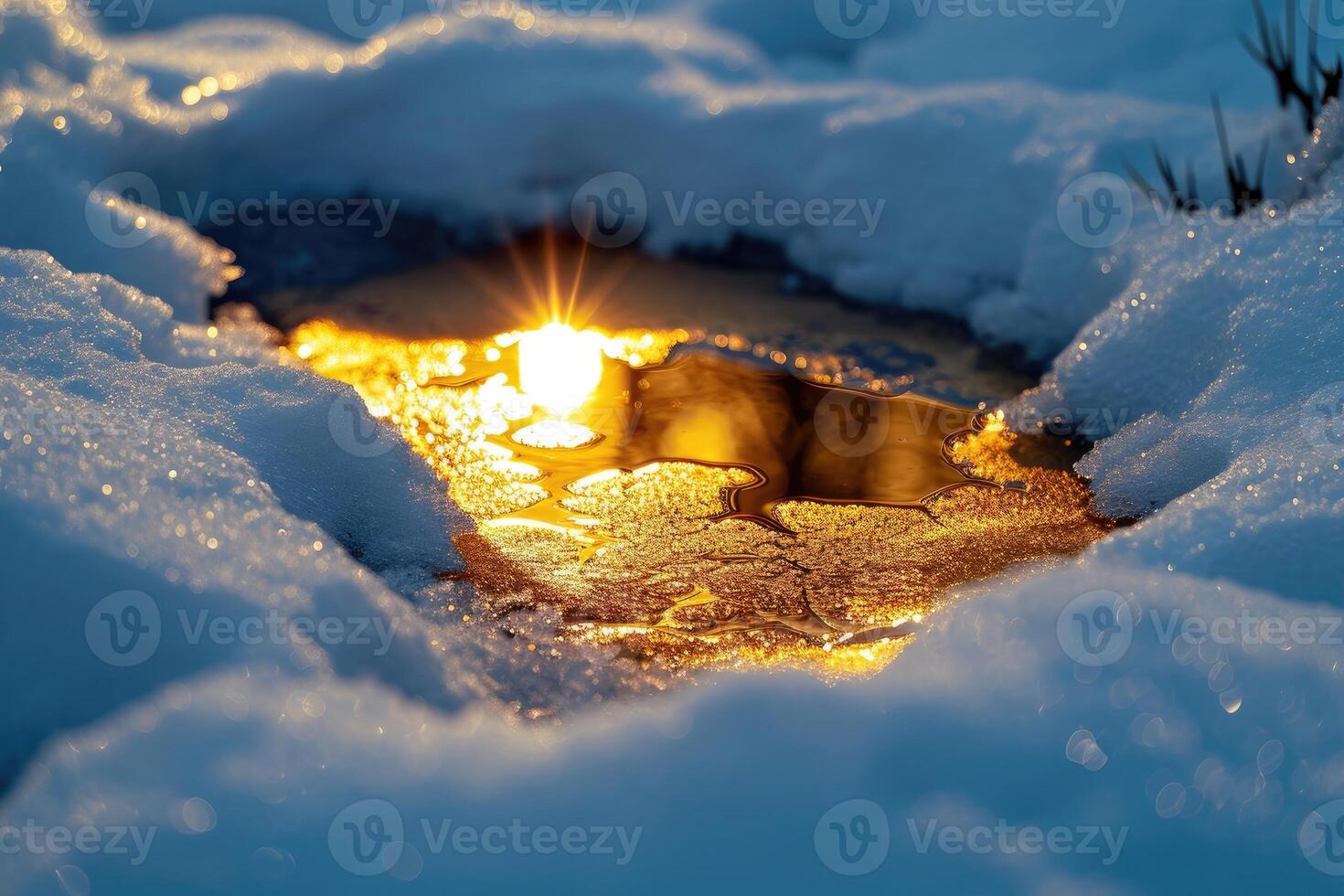 AI generated A surreal scene a small puddle of golden liquid metal contrasts with the snow, Ai Generated. photo