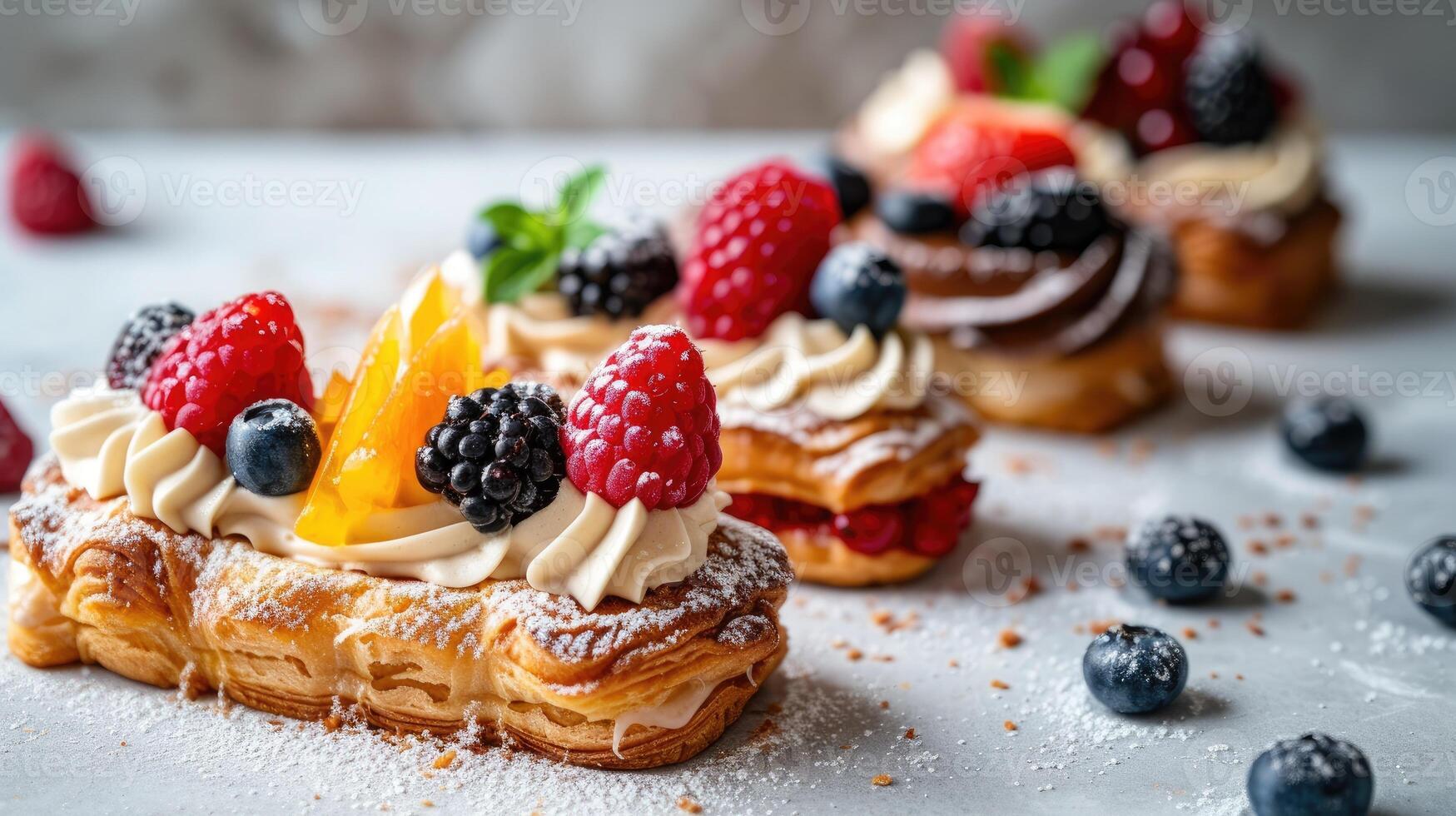 AI generated Array of pastries adorned with diverse toppings, crowned with luscious berries, Ai Generated. photo